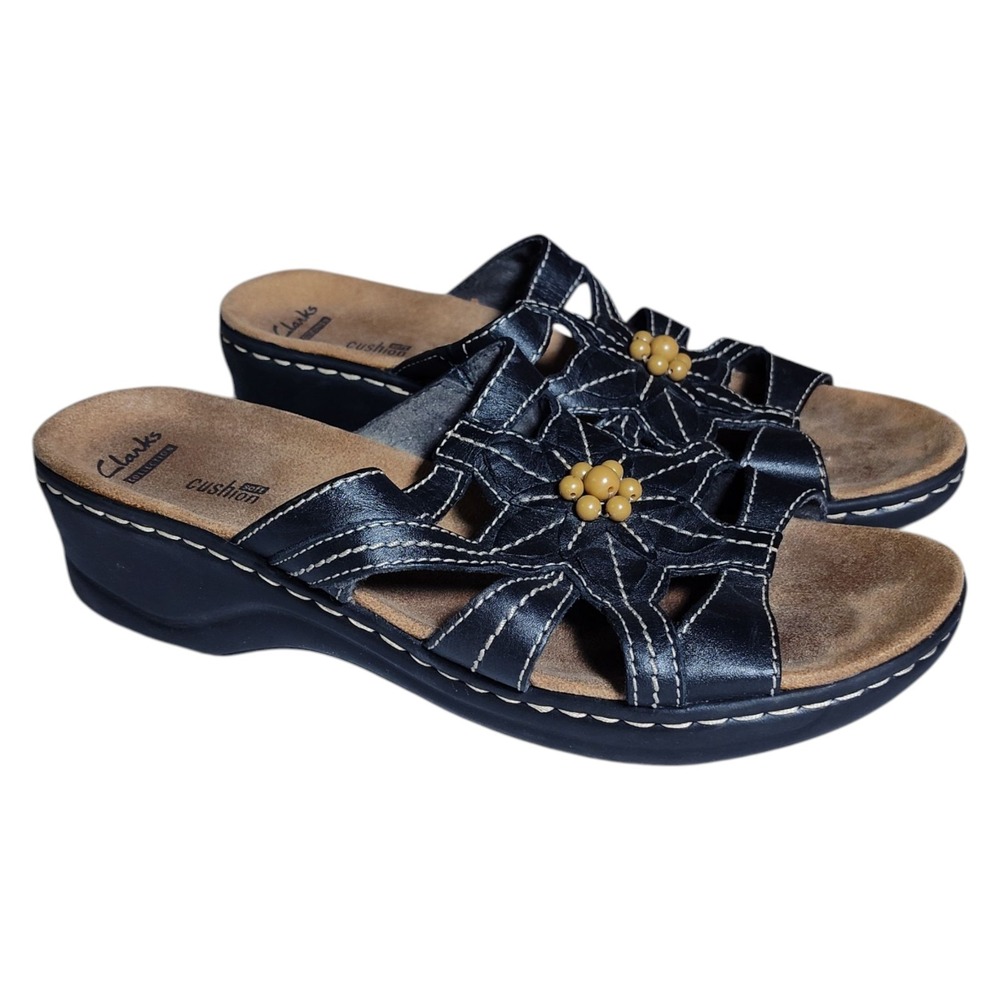 Clarks Slide Lexi Sandals Women's Size 9.5M Black Leather Beads Beaded Bohemian